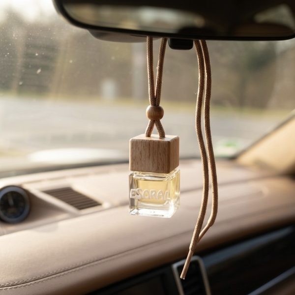 Diffuseur parfum voiture suspendu en verre avec bouchon bois accroché au rétroviseur